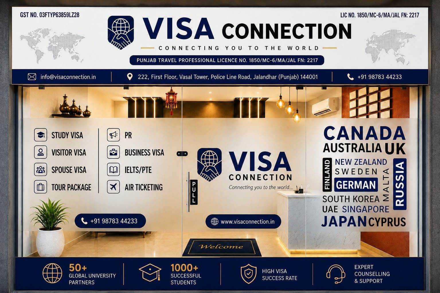Visa Connection office storefront on Police Line Road, Jalandhar